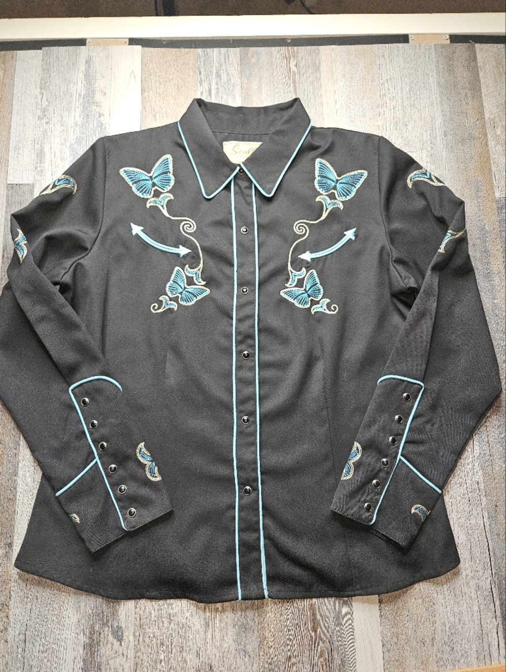 Scully Western Wear Butterfly Embroidery Snap Front Women's Large Black Teal